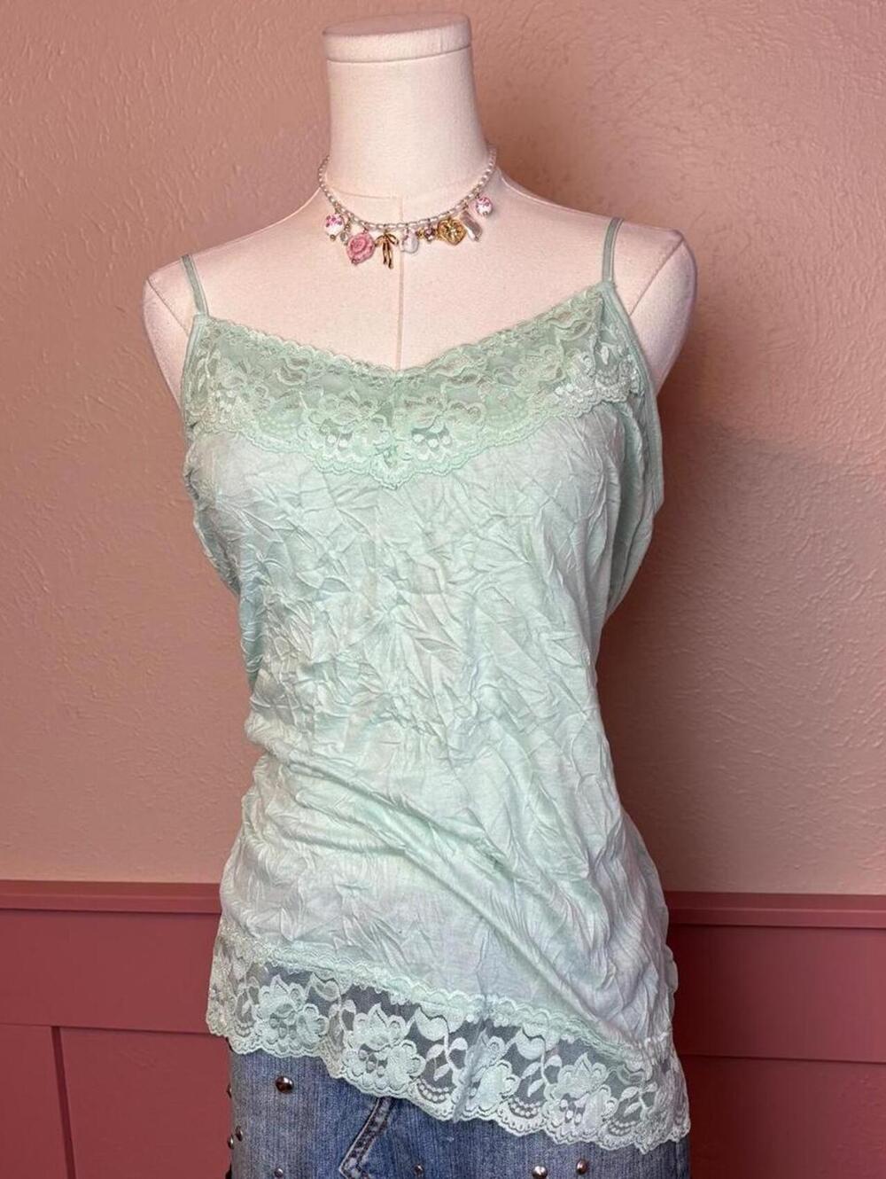 green lace crinkle cami